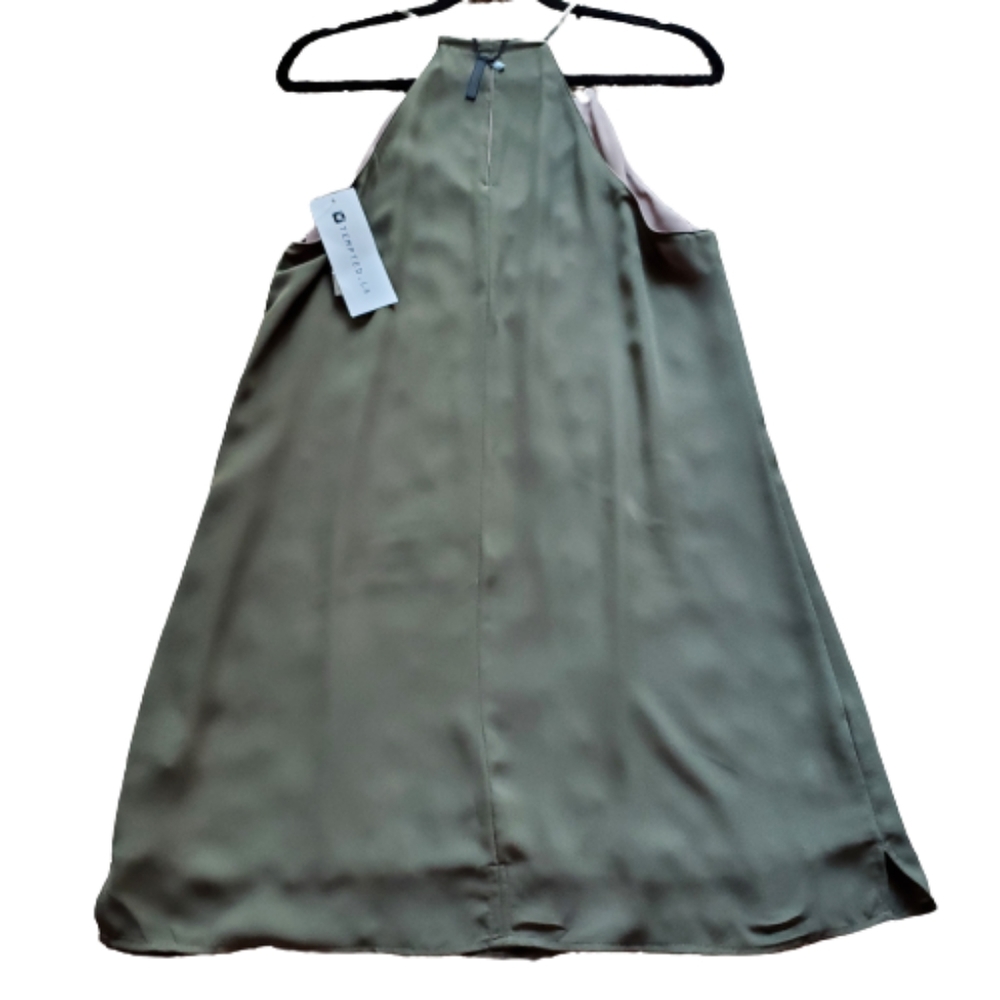 NWT Tempted Reversible Satin Tank Dress Olive Green Tan Spaghetti Strap Size M - Picture 2 of 9